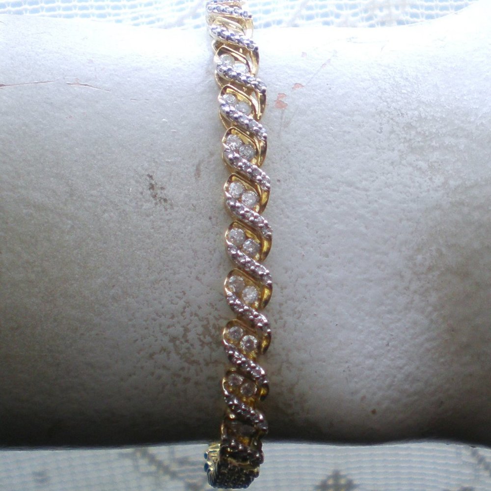 Vintage Solid 14K Yellow Gold Diamond Cluster Tennis Bracelet 7.5" 13.5 g